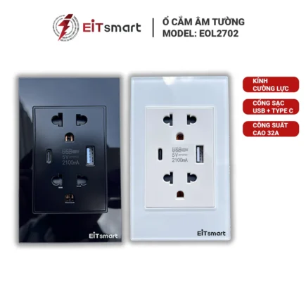 Ổ cắm đôi USB Type-C EITSmart mặt kính cường lực 15A