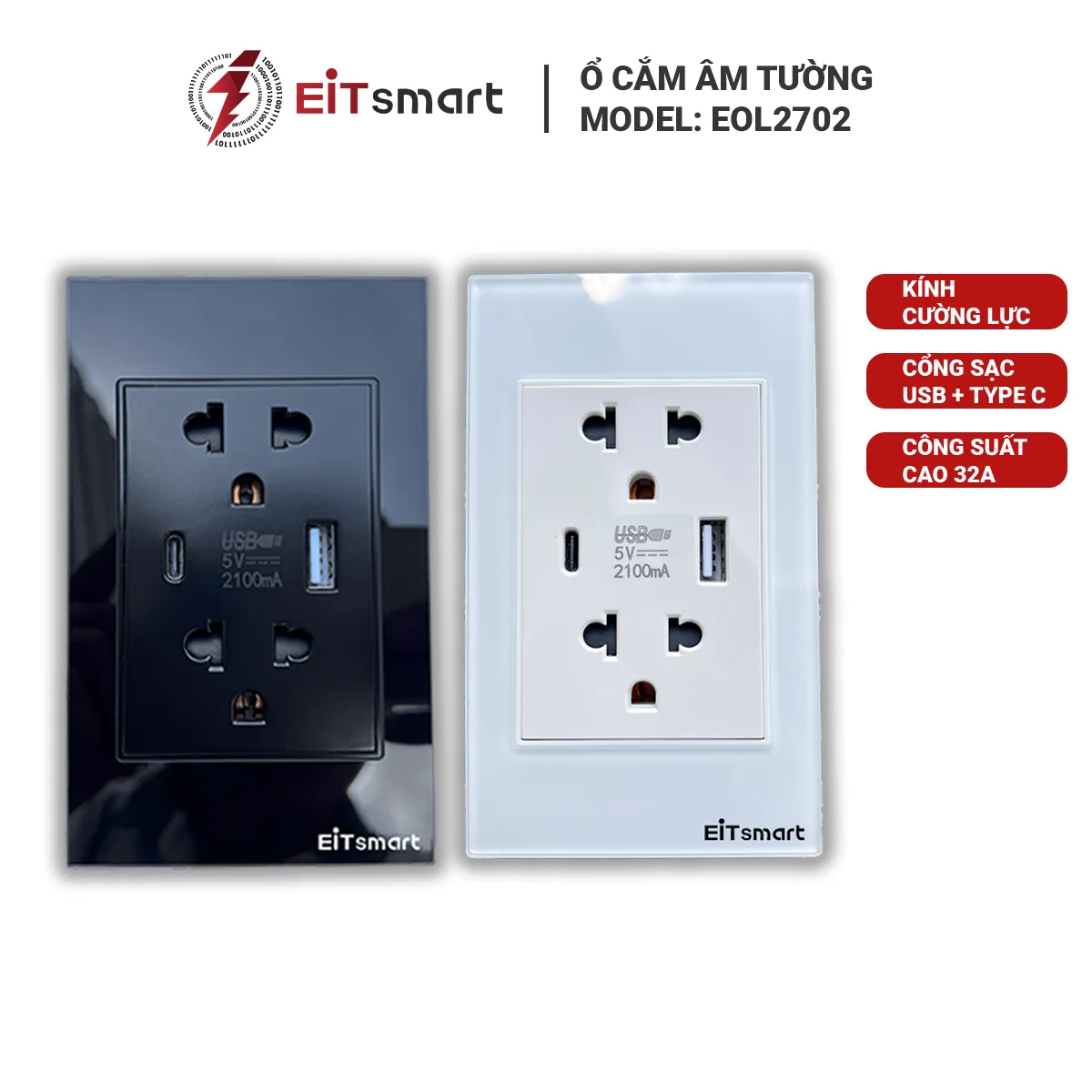 Ổ cắm điện đôi 3 chấu có cổng USB Type C EOL2702, mặt kính cường lực tràn viền - Hình 7