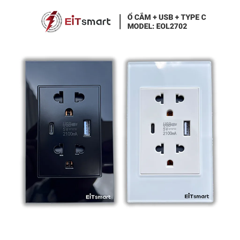 Ổ cắm điện đôi 3 chấu có cổng USB Type C EOL2702, mặt kính cường lực tràn viền - Hình 8