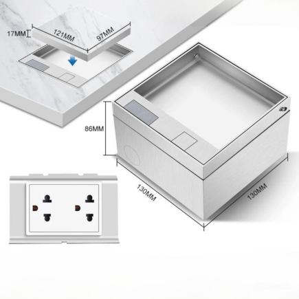 Ổ cắm âm sàn inox, ổ đôi 3 chấu, ốp đá theo nội thất