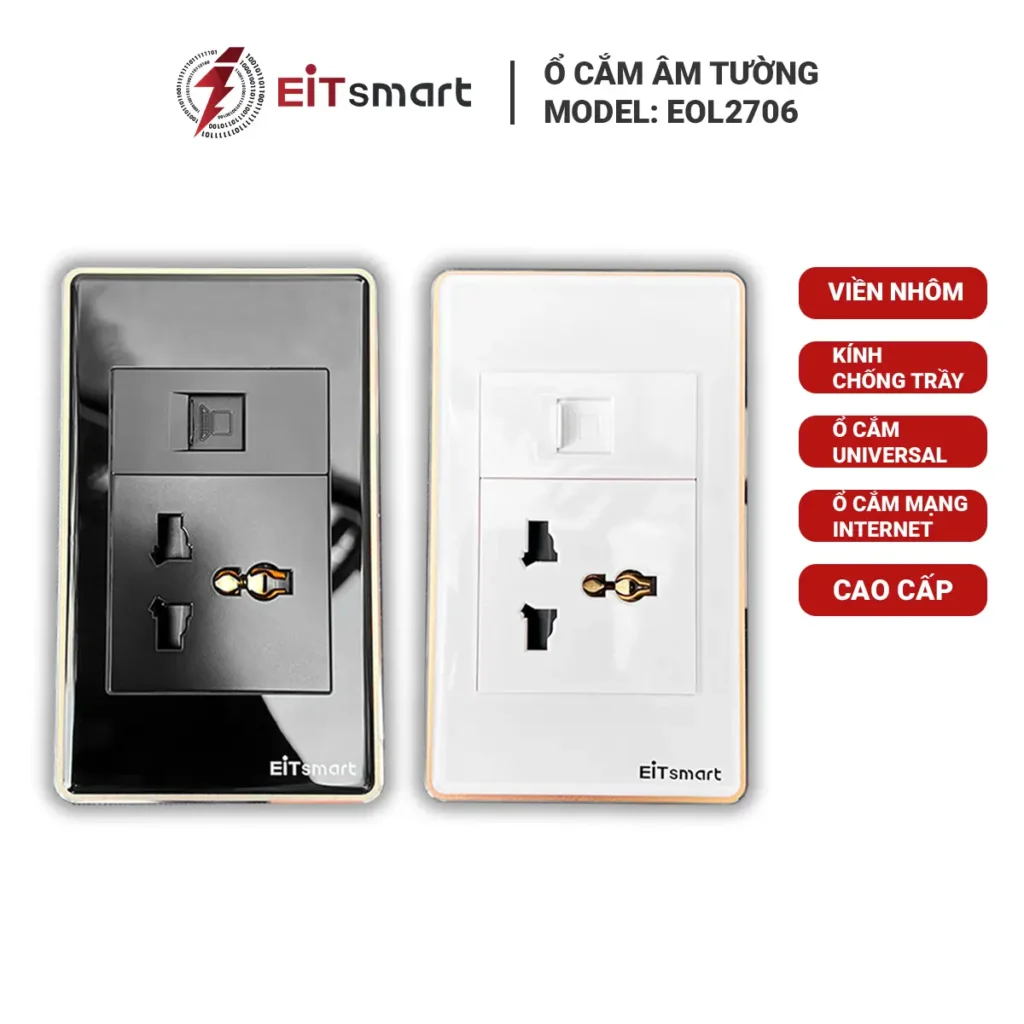 Ổ cắm mạng LAN tích hợp ổ cắm điện 3 chấu universal âm tường, mặt kính cường lực chống trầy, viền nhôm