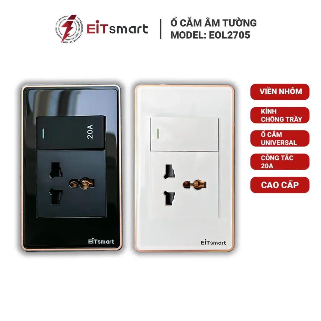 Ổ cắm điện 3 chấu universal âm tường EOL2705 tích hợp công tắc công suất cao, mặt kính cường lực chống trầy xước, viền nhôm cao cấp. Ổ cắm 3 chấu universal âm tường có công tắc công suất cao, mặt kính cường lực chống trầy, viền nhôm - Hình 3