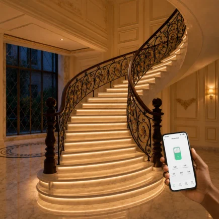 Đèn LED bậc thang thông minh điều khiển qua điện thoại tại cầu thang đá marble sang trọng