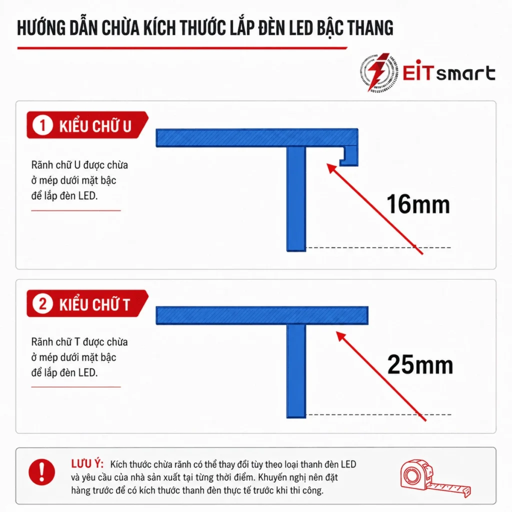 Hướng dẫn chừa kích thước lắp thanh đèn LED bậc thang tại mũi bậc