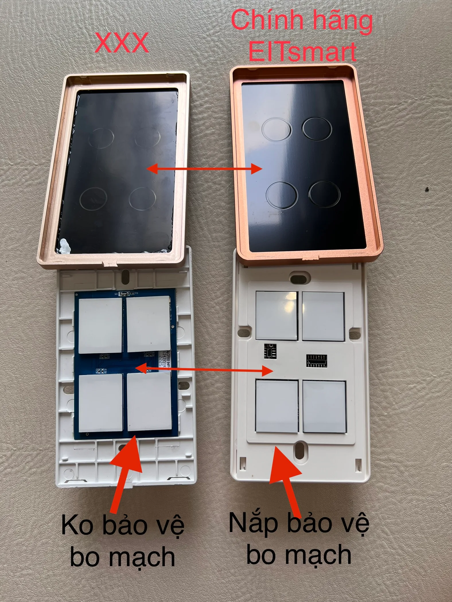 So sánh mạch bảo vệ bên trong công tắc thông minh chính hãng EITsmart và công tắc kém chất lượng