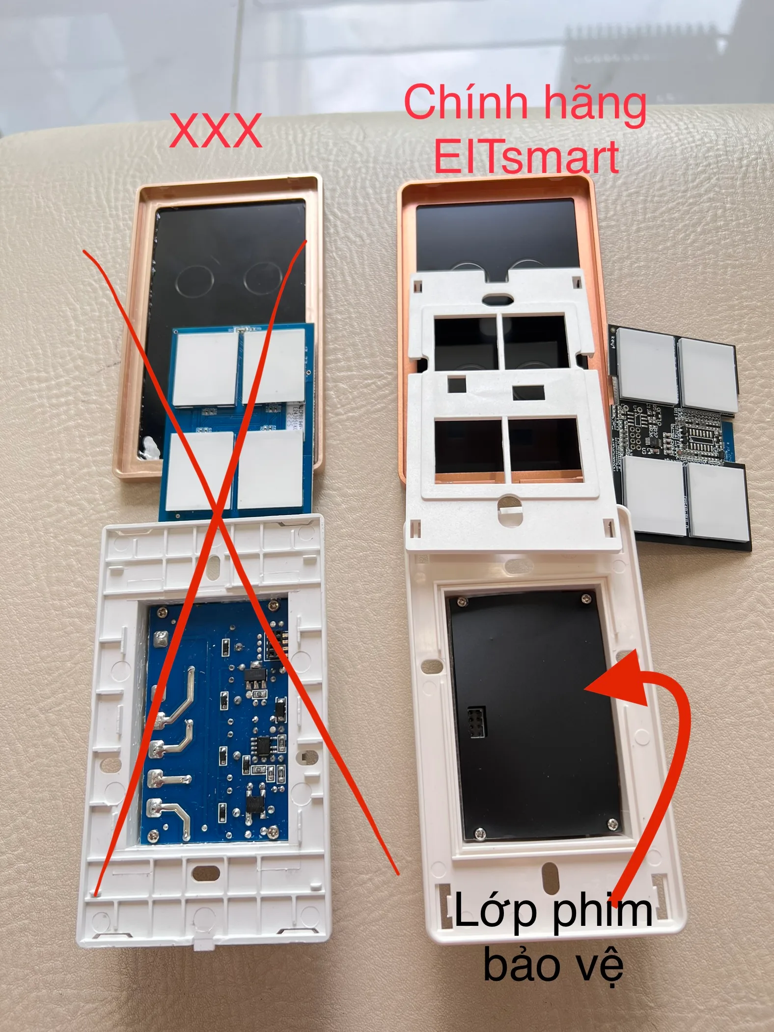 So sánh mạch bên trong của công tắc thông minh EITsmart và XXX