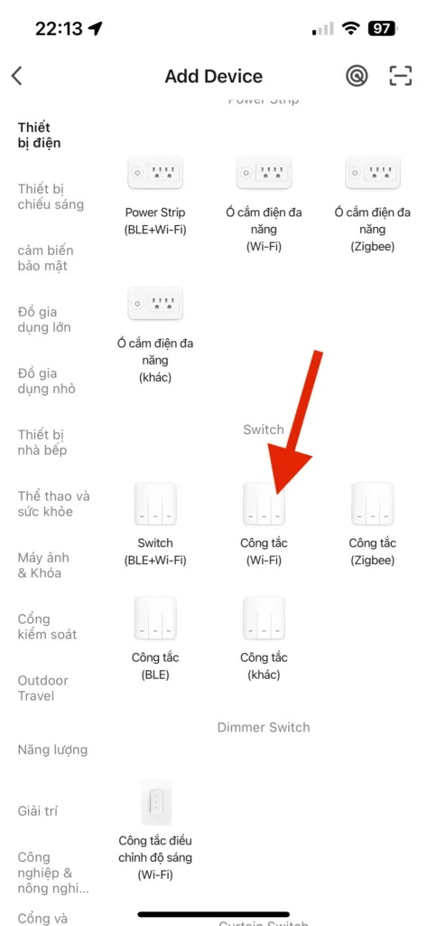 Thêm thiết bị công tắc vào app smart life