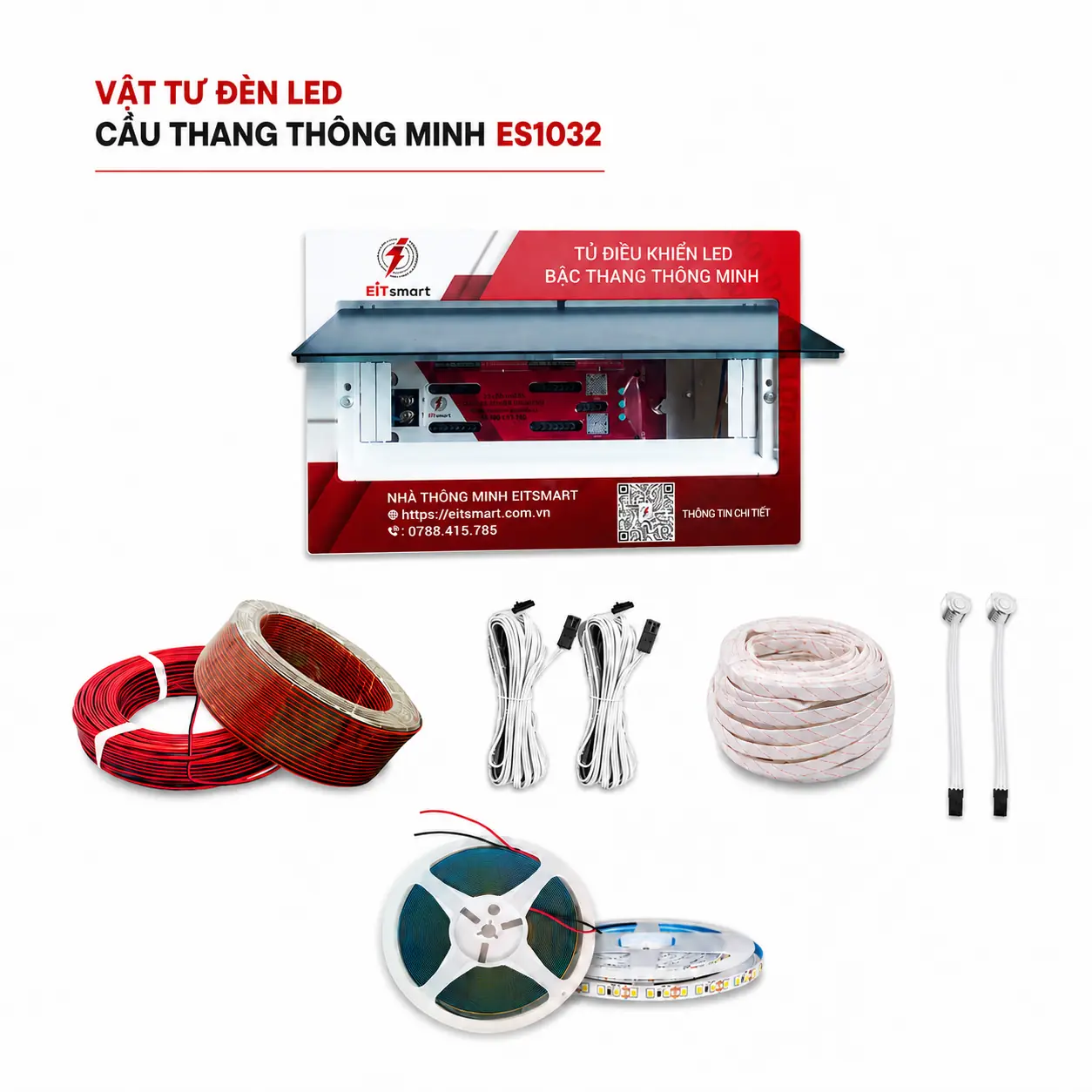 Combo vật tư đèn LED bậc thang thông minh ES1032 gồm tủ điều khiển, dây điện, cáp cảm biến, ống gen và đèn LED dây