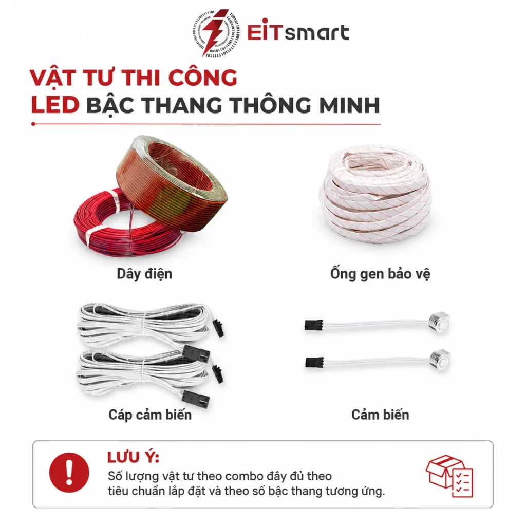 Vật tư thi công đèn LED bậc thang thông minh gồm dây điện, ống gen bảo vệ, cáp cảm biến và cảm biến