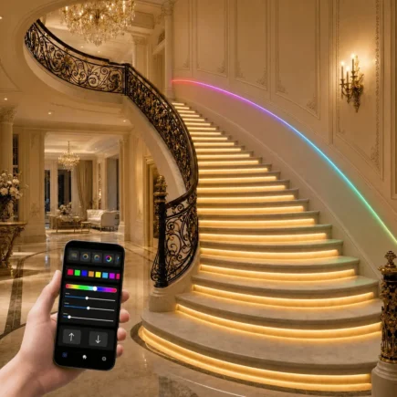 Đèn LED cầu thang thông minh đổi màu RGB WiFi EITsmart ES4032 lắp đặt tại cầu thang biệt thự sang trọng, điều khiển bằng ứng dụng điện thoại