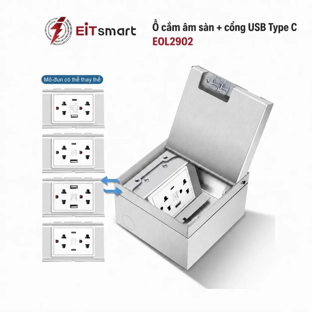 Ổ cắm âm sàn cổng USB Type-C EITsmart EOL2902 với hộp inox và mô-đun ổ cắm có thể thay thế