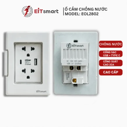 Ổ cắm điện chống nước tích hợp cổng sạc USB và Type C EITsmart model EOL2802, công suất 32A