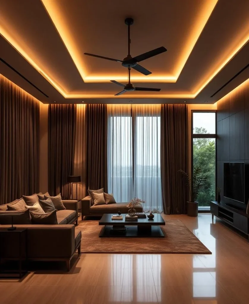 Phòng khách với đèn hắt trần, quạt trần và rèm cửa