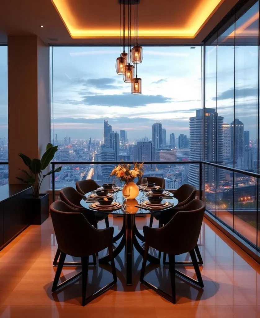 Khu vực bàn ăn cạnh cửa kính với hệ đèn trần trong căn hộ
