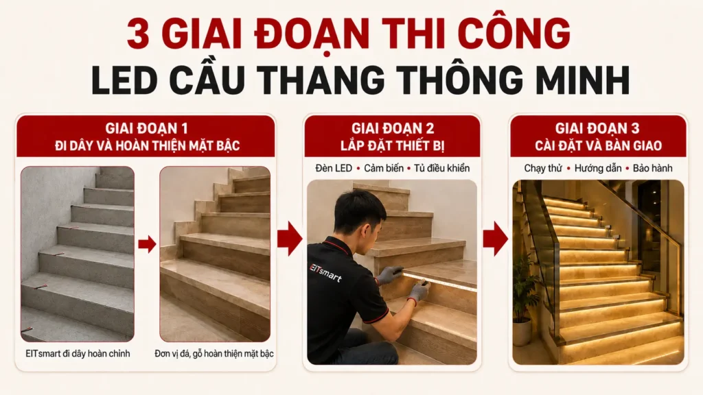 3 giai đoạn thi công LED bậc cầu thang thông minh