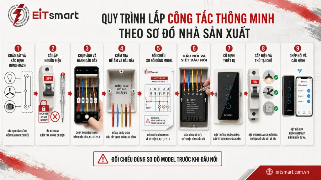 Quy trình lắp công tắc thông minh theo sơ đồ nhà sản xuất