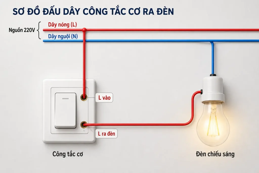 Sơ đồ minh họa dây pha dây nguội và dây ra đèn