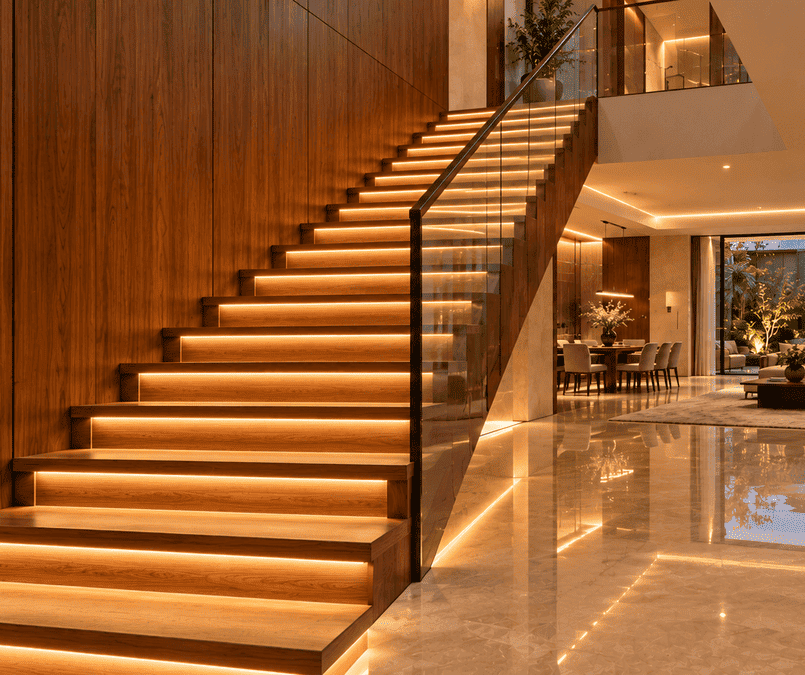 Cầu thang gỗ với đèn LED bậc thang thông minh