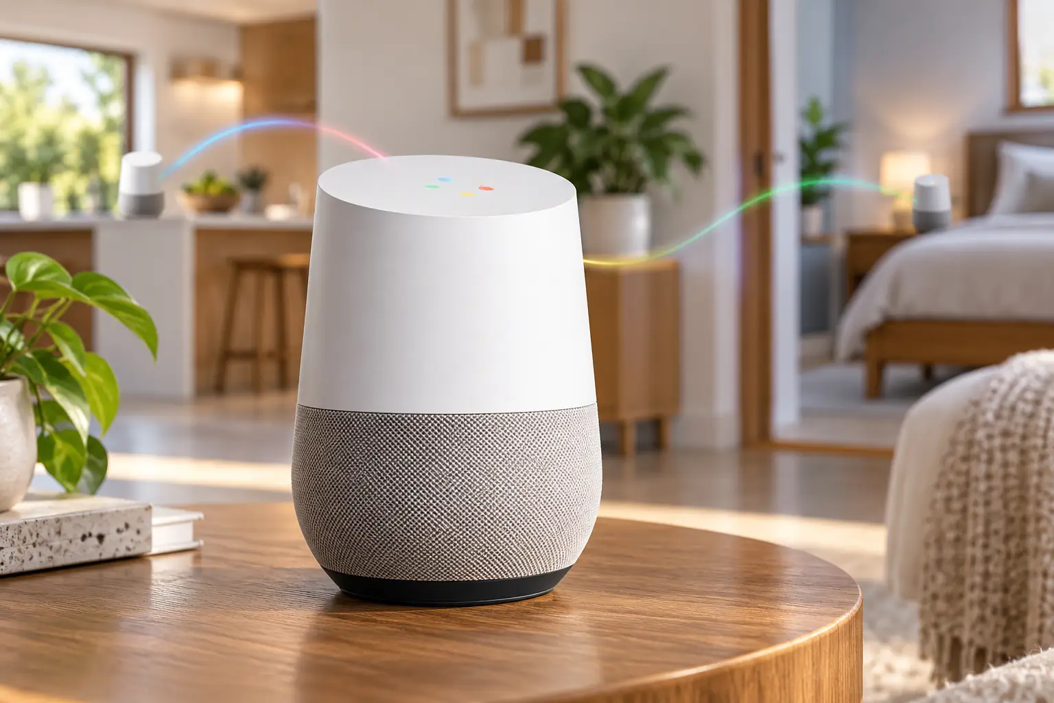 Google Home tích hợp Google Assistant, hỗ trợ nghe nhạc, điều khiển đèn, công tắc, Chromecast và âm thanh đa phòng.