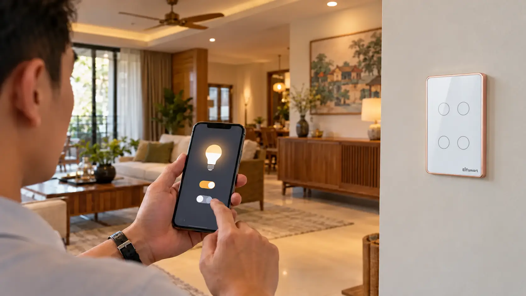 Người dùng điều khiển đèn bằng điện thoại với công tắc cảm ứng có kết nối thông minh