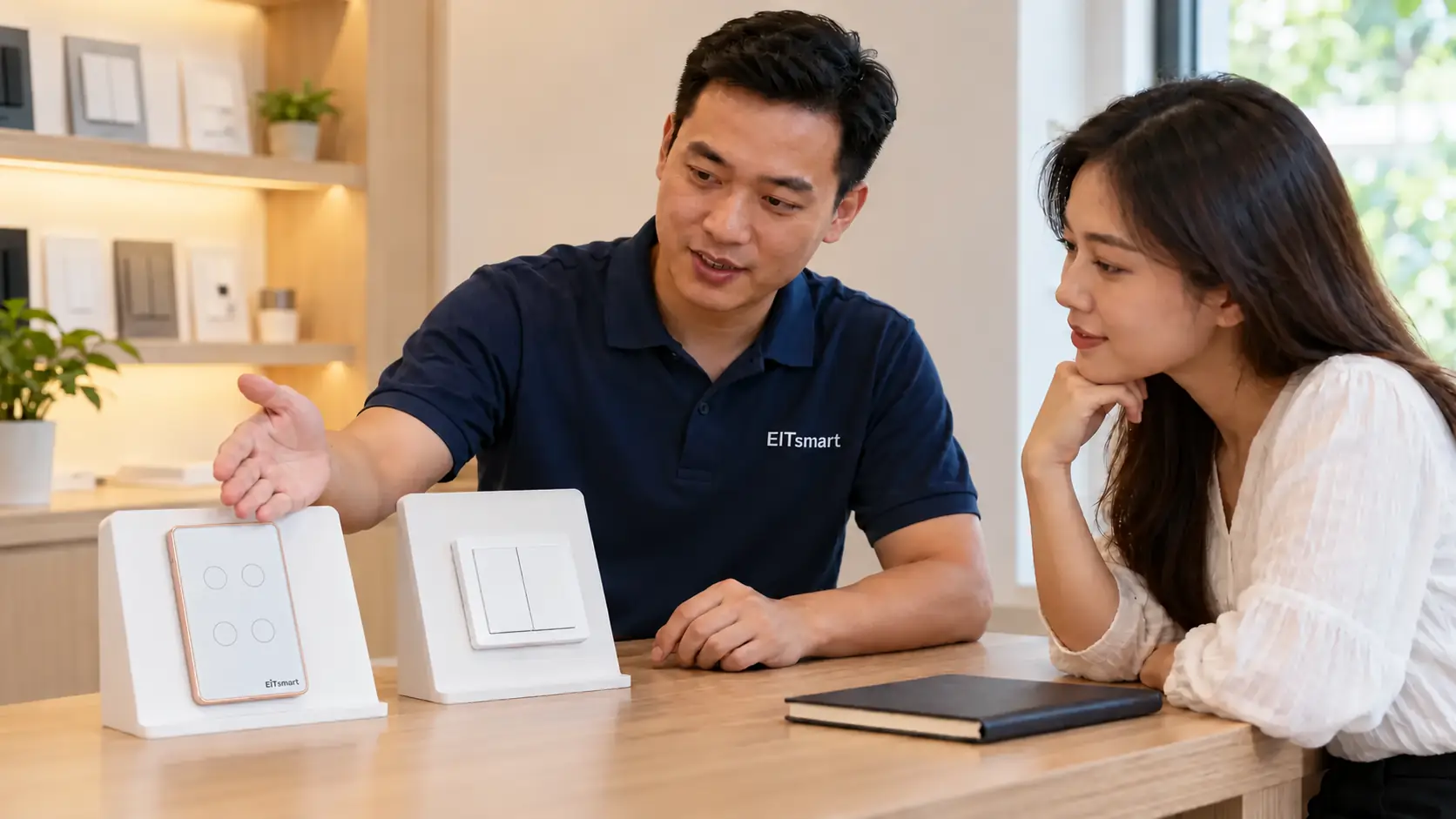 Nhân viên EITsmart trao đổi về tính năng của các mẫu công tắc với khách hàng