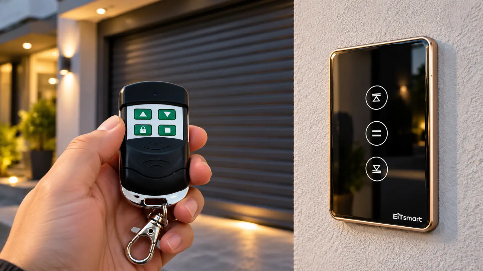 Công tắc cửa cuốn thông minh: cách chọn và lưu ý an toàn 4 Công tắc cửa cuốn cảm ứng và remote cầm tay minh họa các phương thức điều khiển