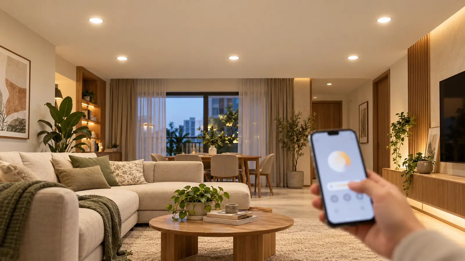 Đèn downlight thông minh là gì? Cách chọn đúng 1 Đèn downlight thông minh điều khiển qua điện thoại trong phòng khách