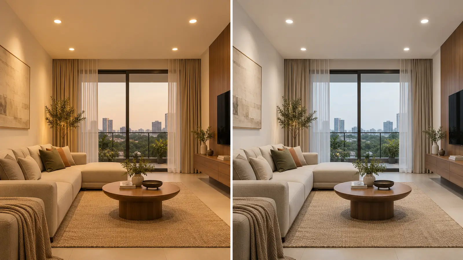 Đèn downlight thông minh là gì? Cách chọn đúng 3 Minh họa phòng khách với ánh sáng trắng ấm và trắng trung tính từ đèn downlight