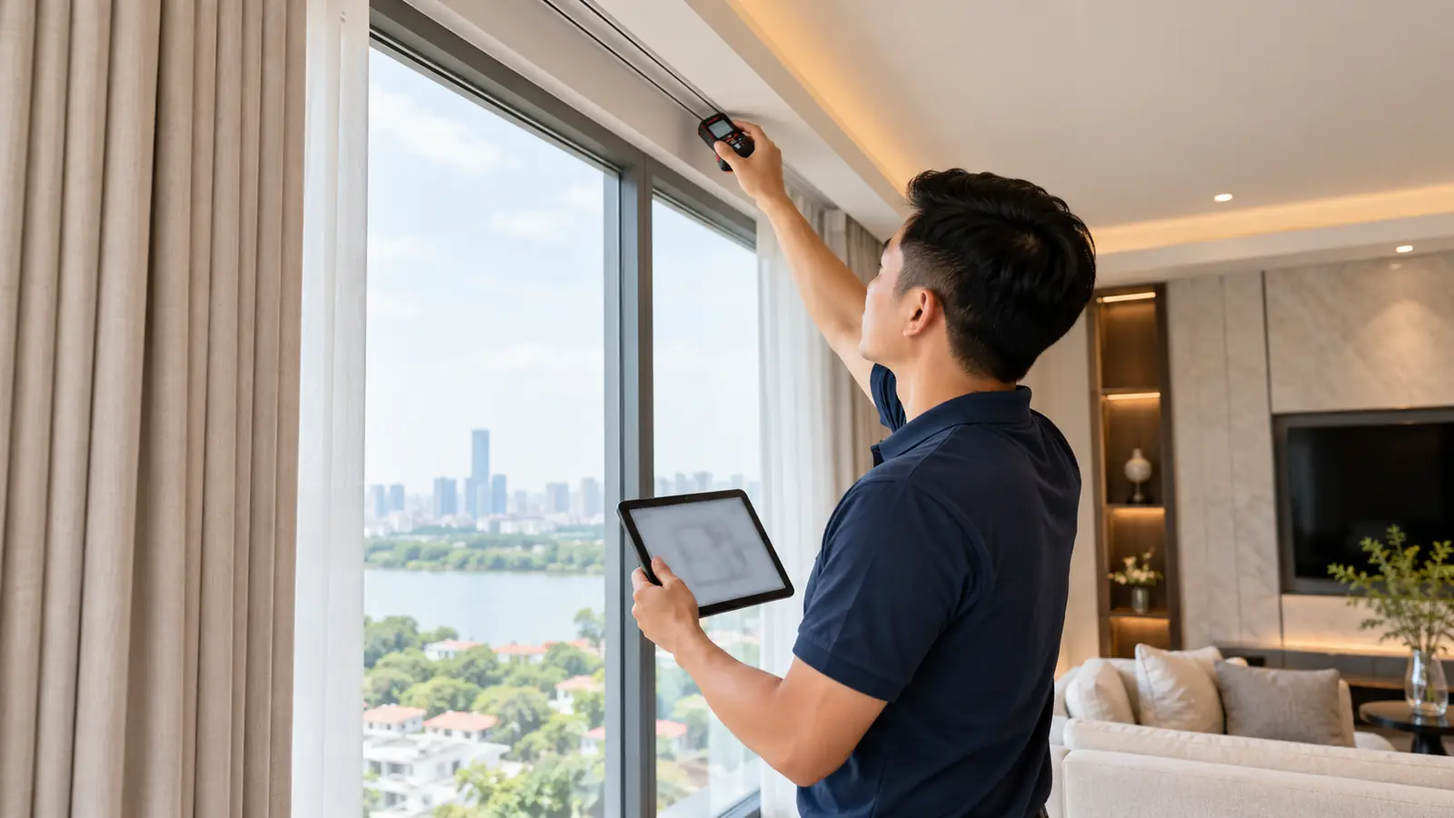 Kỹ thuật viên khảo sát cửa và vị trí lắp ray rèm trong phòng khách