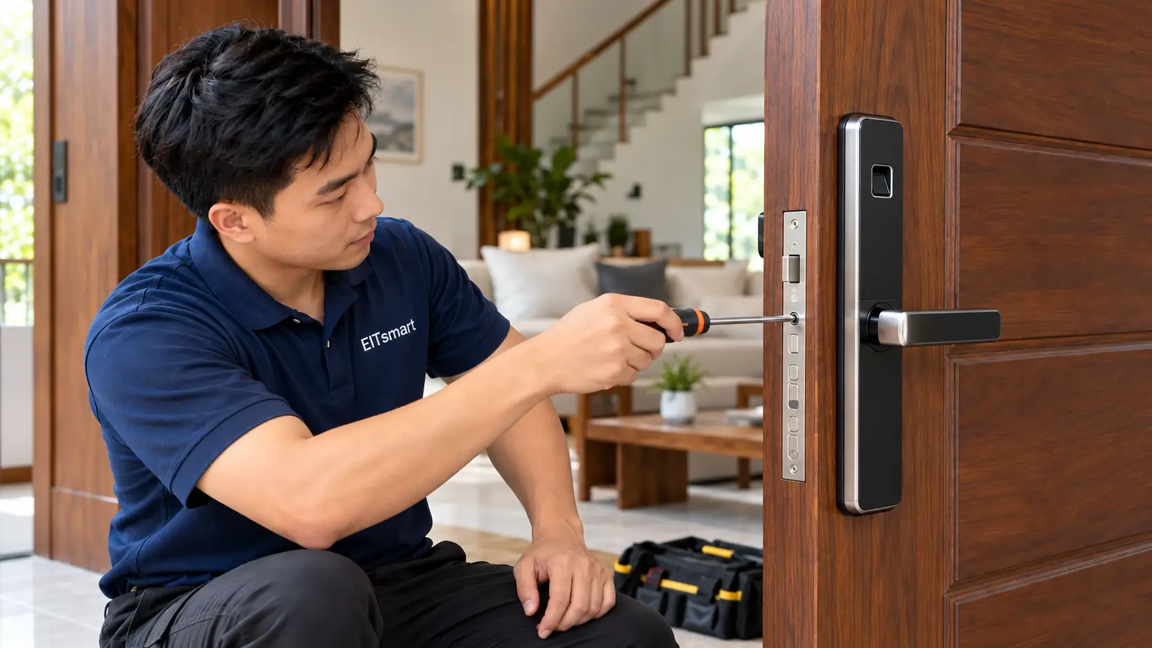 Khóa cửa vân tay giá bao nhiêu? Bảng giá tham khảo 3 Kỹ thuật viên lắp và căn chỉnh bộ khóa trên cửa gỗ