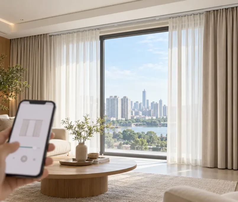 Rèm tự động thông minh điều khiển bằng điện thoại trong phòng khách