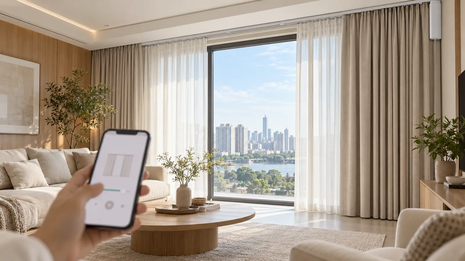 Rèm tự động thông minh điều khiển bằng điện thoại trong phòng khách