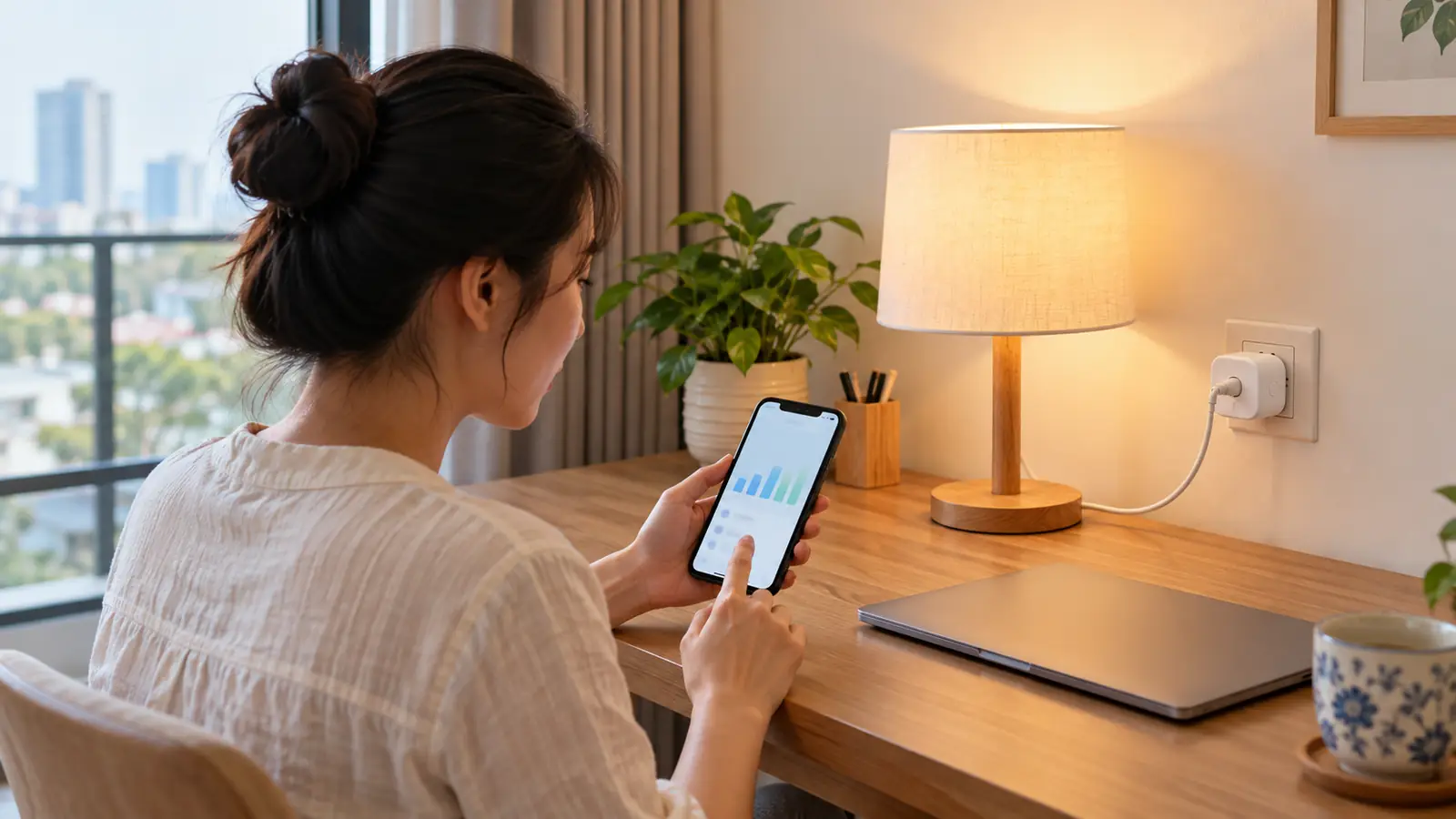 Người dùng xem lịch sử điện năng của đèn bàn trên ứng dụng điện thoại