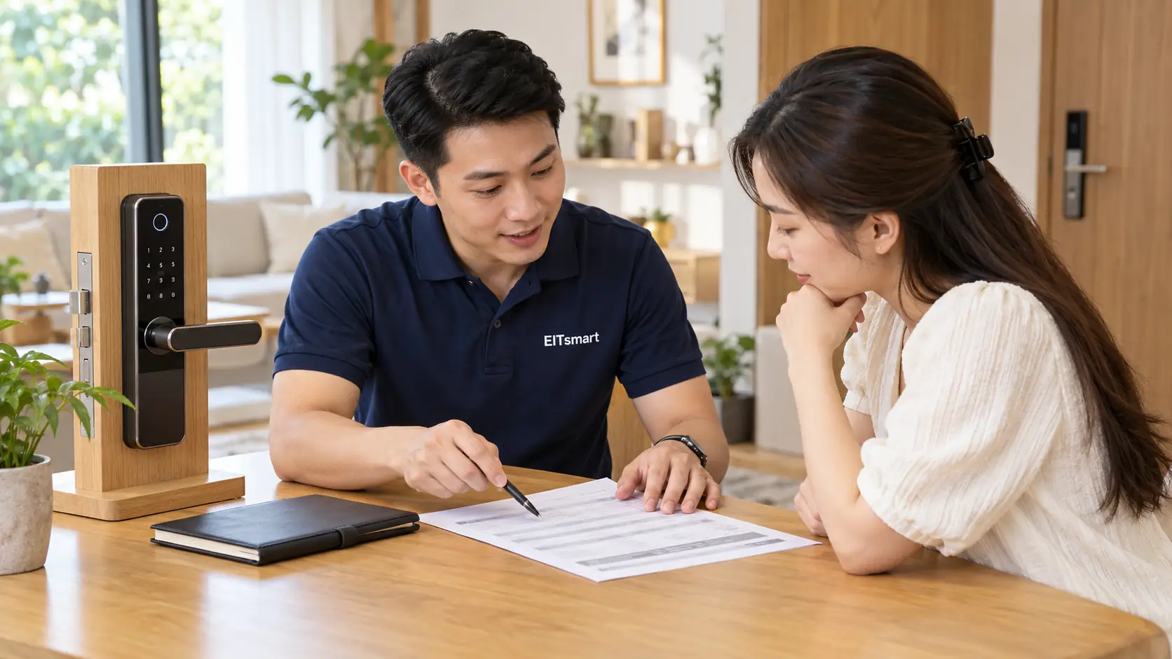 Khóa cửa vân tay giá bao nhiêu? Bảng giá tham khảo 4 Nhân viên EITsmart trao đổi các khoản trong báo giá khóa với khách hàng
