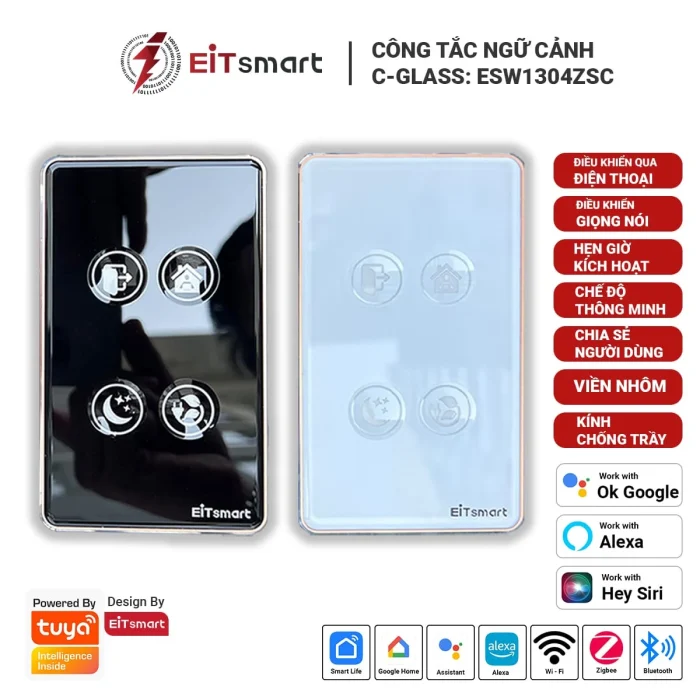 Công tắc ngữ cảnh cảm ứng thông minh Zigbee 4 nút ngữ cảnh cao cấp, điều khiển từ xa qua điện thoại, mặt kính lõm cường lực chống trầy, viền nhôm - Hình 3