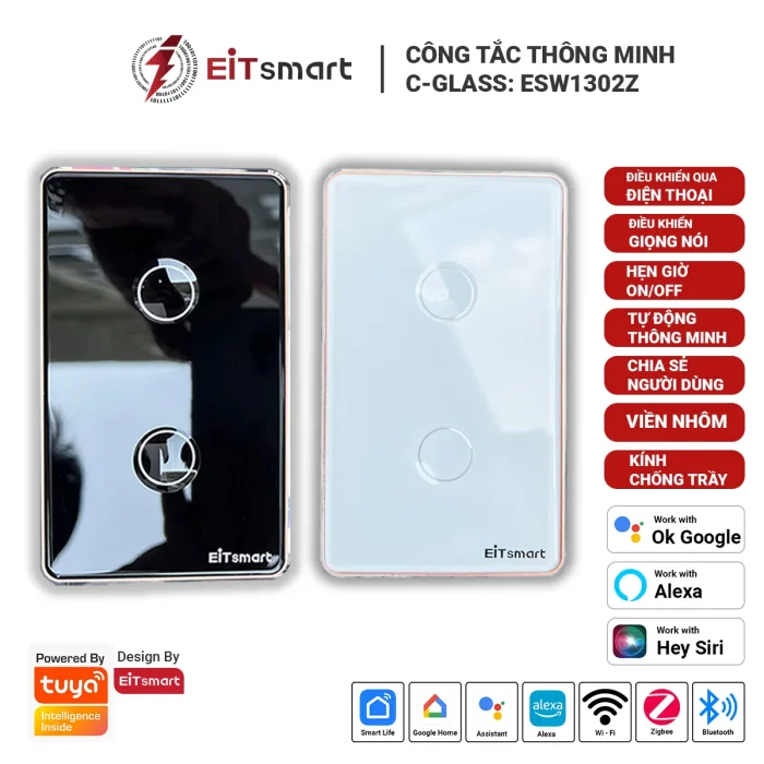 Công tắc cảm ứng thông minh Zigbee 2 nút cao cấp, điều khiển từ xa qua điện thoại, mặt kính lõm cường lực chống trầy, viền nhôm - Hình 3