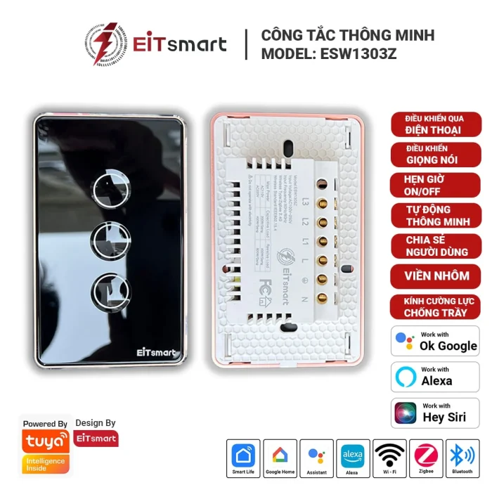 Công tắc cảm ứng thông minh Zigbee 3 nút cao cấp, điều khiển từ xa qua điện thoại, mặt kính lõm cường lực chống trầy, viền nhôm - Hình 7