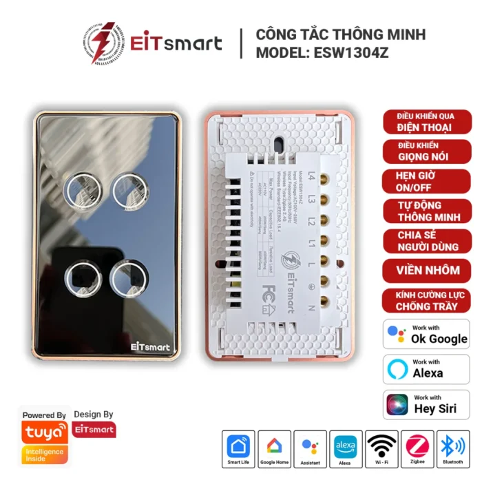 Công tắc cảm ứng thông minh Zigbee 4 nút cao cấp, điều khiển từ xa qua điện thoại, mặt kính lõm cường lực chống trầy, viền nhôm - Hình 8