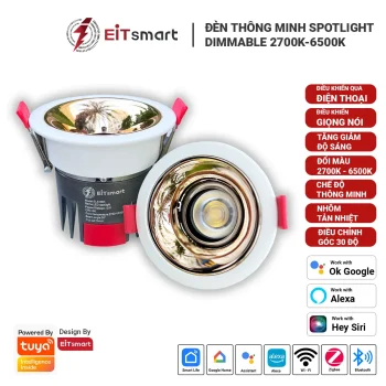 Đèn spotlight thông minh Bluetooth Mesh 12W, âm trần, tăng giảm cường độ sáng, thay đổi nhiệt độ màu từ 2700K đến 6500K (vàng ấm đến trắng), điều khiển từ xa qua điện thoại, chỉnh góc 30 độ, chống chói, chống mõi mắt, cao cấp chính hãng EITsmart - Hình 2