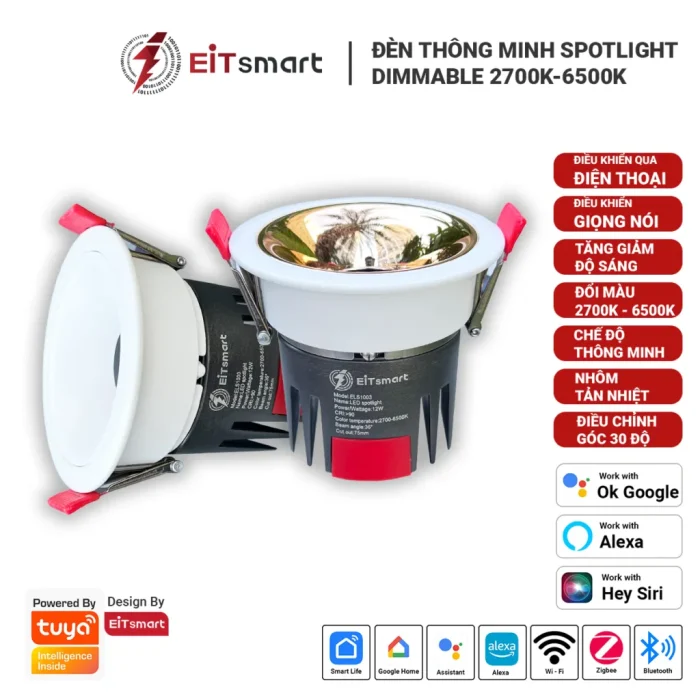 Đèn spotlight thông minh Bluetooth Mesh 12W, âm trần, tăng giảm cường độ sáng, thay đổi nhiệt độ màu từ 2700K đến 6500K (vàng ấm đến trắng), điều khiển từ xa qua điện thoại, chỉnh góc 30 độ, chống chói, chống mõi mắt, cao cấp chính hãng EITsmart - Hình 4