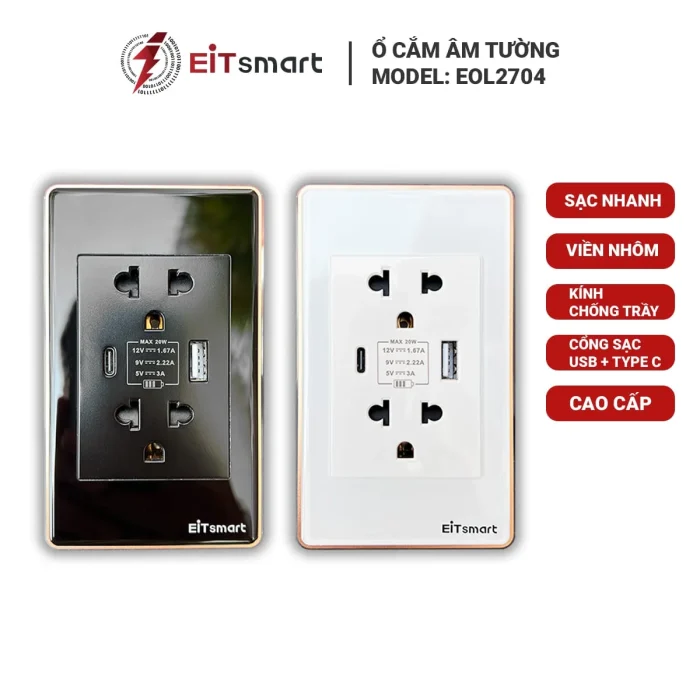 Ổ cắm điện đôi 3 chấu âm tường có cổng USB Type C sạc nhanh, mặt kính cường lực chống trầy, viền nhôm - Hình 8