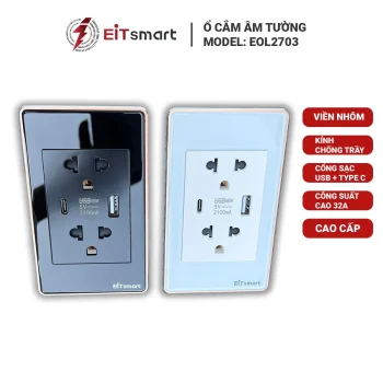 Ổ cắm điện đôi âm tường có cổng USB Type C EOL2703, mặt kính cường lực chống trầy, viền nhôm - Hình 23
