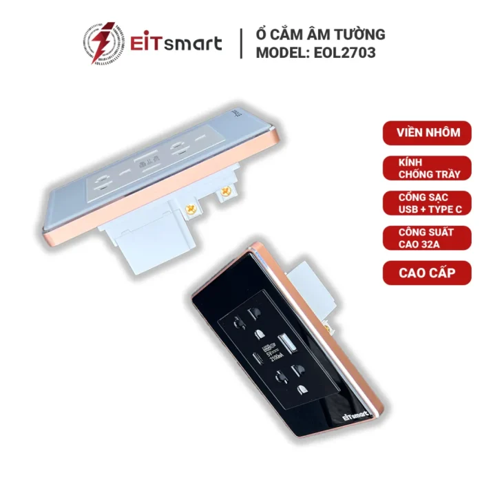 Ổ cắm điện đôi âm tường có cổng USB Type C EOL2703, mặt kính cường lực chống trầy, viền nhôm - Hình 32